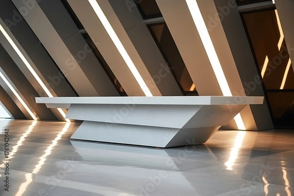 Fototapeta Modern White Geometric Table With Angled Panels And Reflective Floor furniture