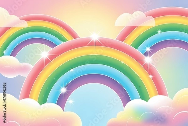 Fototapeta Multiple Vibrant Rainbows with Sparkling Clouds Against Bright Sky stock 