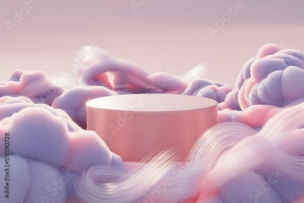 Fototapeta Pink Cylindrical Podium Surrounded by Soft Pink and Purple Clouds Keywords: podium, display