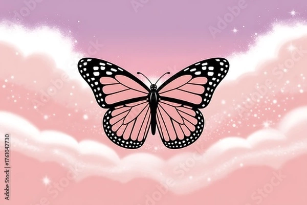 Fototapeta Pink Monarch Butterfly Flying Over Pastel Clouds and Stars insect wings