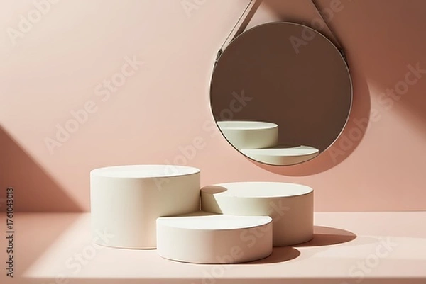 Fototapeta Three White Cylindrical Pedestals With A Round Mirror Reflection podium display