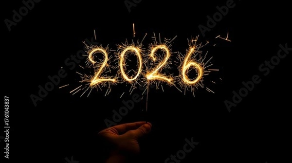 Fototapeta Sparkler writing the year 2026 in the dark with a hand holding it