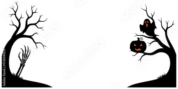 Fototapeta Halloween-themed silhouettes with skeleton, pumpkin, and trees  