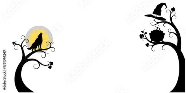 Fototapeta Silhouette of howling wolf and witch's hat on twisted trees  