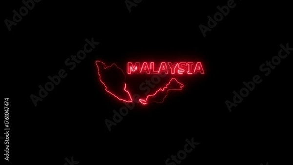 Obraz Neon outline map and name of Malaysia in red on black background 