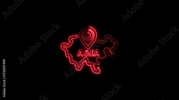 Fototapeta Neon Outline Map of Asia with Location Pin and Glowing Text image photo