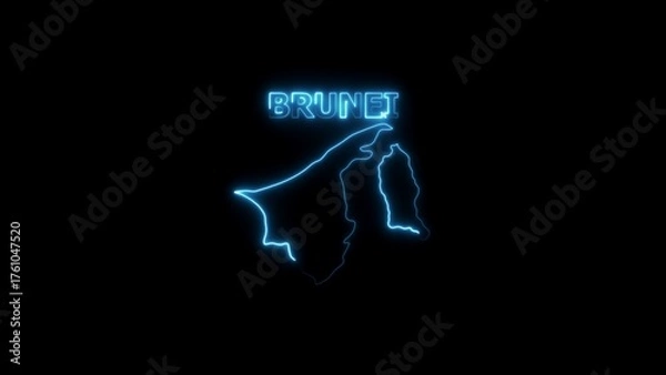 Fototapeta Neon outline map of Brunei with glowing blue text on black background 