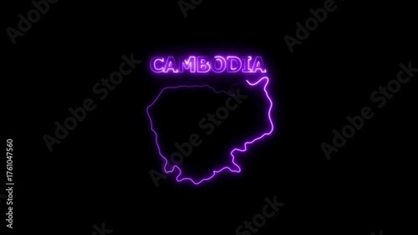 Fototapeta Neon outline map of Cambodia with glowing purple text on black background image photo