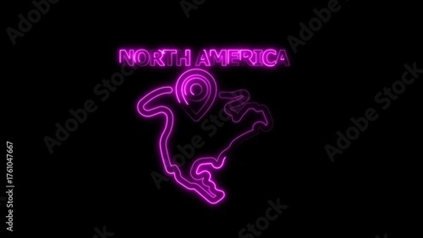 Fototapeta Neon Outline Map of North America with Location Pin and Glowing Text image photo