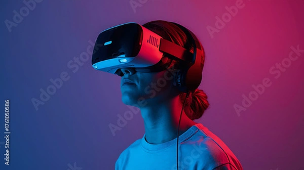 Fototapeta person wearing virtual reality headset with glowing lights in futuristic blue and pink background