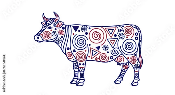 Fototapeta Colorful Patterned Cow Illustration with Geometric Designs.