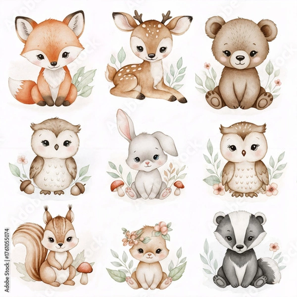 Fototapeta A collection of cute, illustrated woodland animals including a fox, deer, bear, owl, rabbit, squirrel, and badger, surrounded by leaves and flowers.