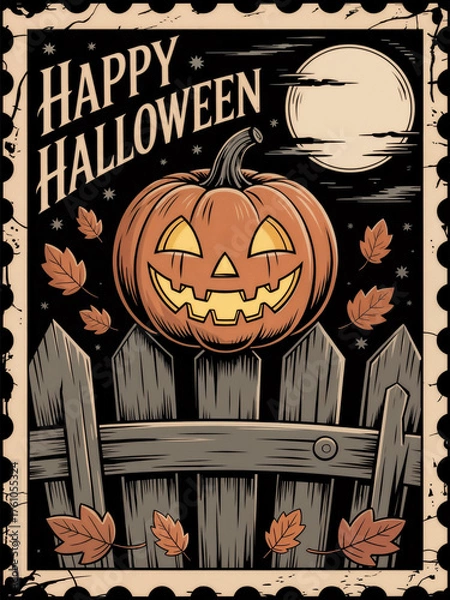 Fototapeta A carved pumpkin with a spooky face sits on a wooden fence. Autumn leaves fall around it. The moon glows in the night sky. Halloween theme.