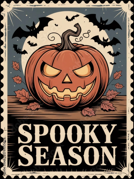 Fototapeta A carved pumpkin with a sinister face sits on a wooden surface. Bats fly in the background. Autumn leaves surround the pumpkin. The theme is Halloween.