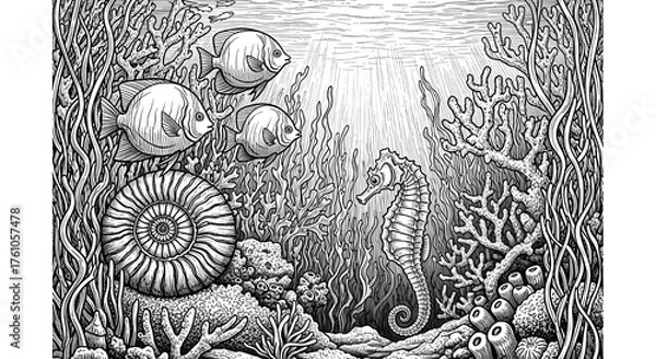 Fototapeta Detailed ink drawing of an ancient ammonite fossil and seahorse surrounded by vibrant underwater flora and fauna