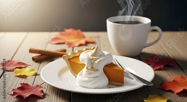 Obraz Delicious Pumpkin Pie Slice with Whipped Cream Topping Hot Coffee Cup Cinnamon Sticks and Fall Leaves Creating Autumn Dessert Scene