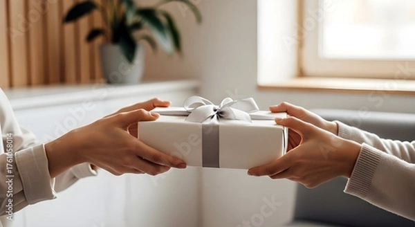 Obraz Two People Hands Giving and Receiving Elegant White Gift Box with Silver Ribbon Creating Gift Exchange Celebration and Generosity Concept