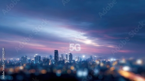 Fototapeta Concept image of a smart city, showcasing advanced internet and communication networks, highlighting 5G wireless and the Internet of Things.