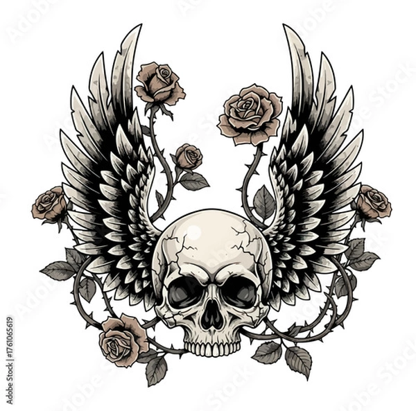 Fototapeta Detailed Skull Vector Illustration with Roses and Wings | Tattoo Style Dark Grunge T-Shirt Design | Editable EPS Artwork