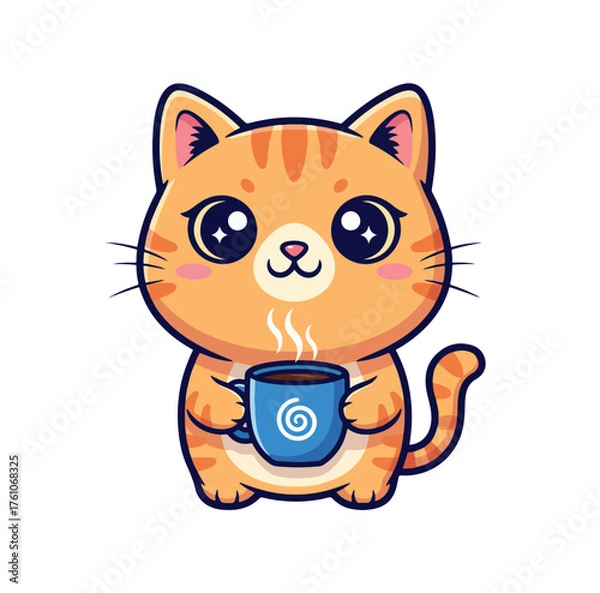 Fototapeta Funny Cute Cartoon Cat Illustration Holding Coffee Mug | Kawaii Style Vector T-Shirt Design with Clean Bold Lines