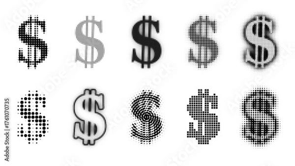 Obraz Halftone Vector set of Dollar Signs, Us Dollar Currency in Halftone Patterns