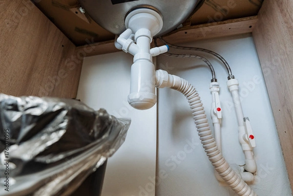 Obraz The installation of undersink plumbing involves setting up waste disposal systems and ensuring proper water connections for an efficient drainage system, which is essential for every kitchen remodel