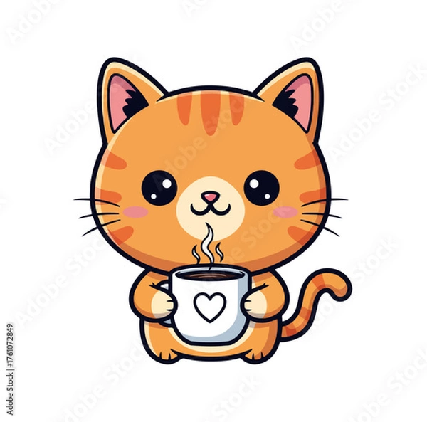 Fototapeta Funny Cute Cartoon Cat Illustration Holding Coffee Mug | Kawaii Style Vector T-Shirt Design with Clean Bold Lines