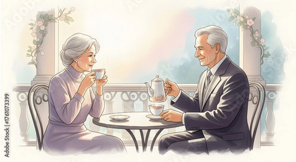 Fototapeta Afternoon tea. Elegant senior couple enjoying a peaceful moment on the balcony