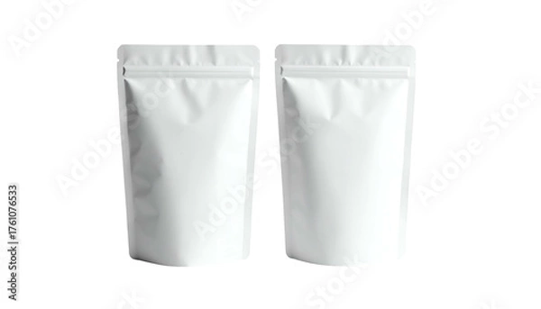 Fototapeta Two white, sealed pouches stand upright, showcasing packaging for possible food or product items