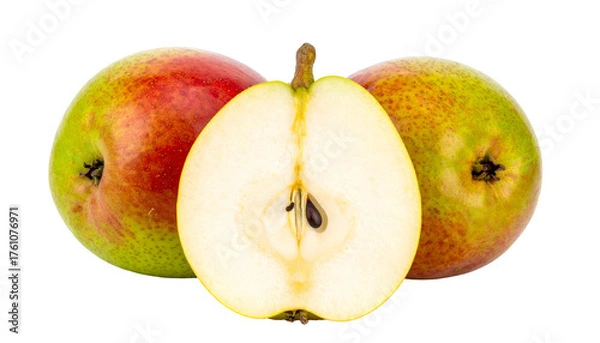 Fototapeta Three fresh, ripe pears, one sliced in half to show flesh and seeds, against a black backdrop
