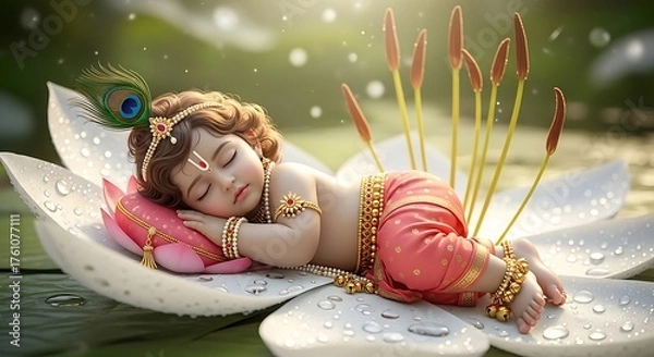 Fototapeta Baby Krishna sleeping on a lotus flower