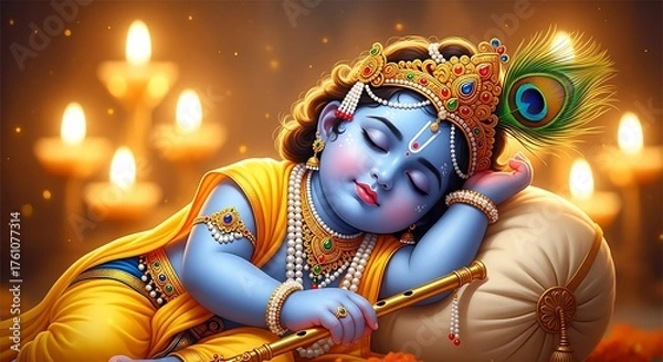 Fototapeta Sleeping Baby Krishna with Peacock Feather and Candles