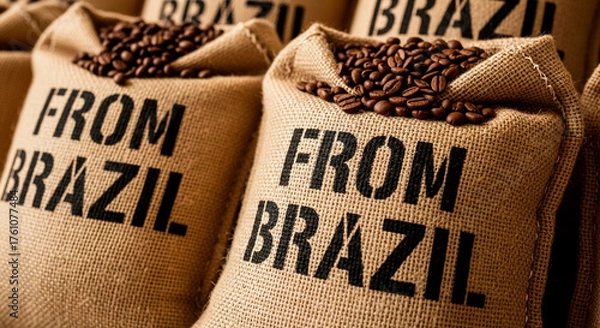 Fototapeta Closeup of Several Coffee Sacks Labeled "From Brazil"