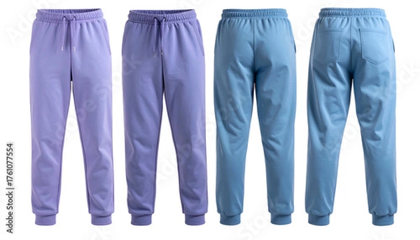 Fototapeta Four pairs of solid-colored sweatpants, front and back views, in varying shades of blue and purple