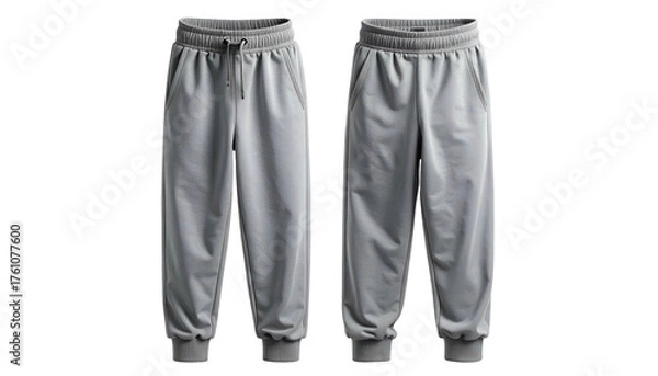 Fototapeta Two grey sweatpants side-by-side, front view, with drawstring waist and cuffed ankles, isolated
