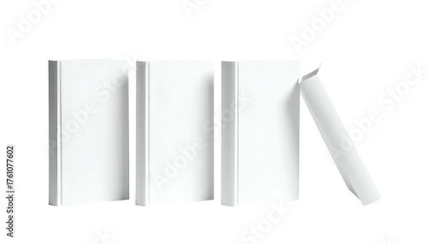 Fototapeta Three upright white books, fourth leaning, all clean, minimalist, on a black background