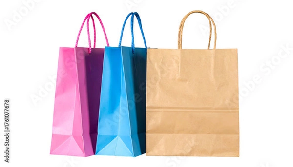 Fototapeta Three colorful shopping bags stand against a black background, showcasing variety in hues and materials