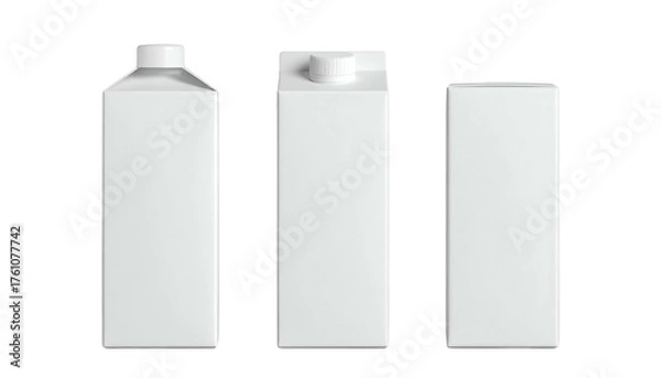 Fototapeta Three blank white milk cartons of different designs against a black background