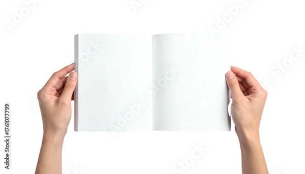 Fototapeta Human hands holding open a blank book against a black background, ready for writing