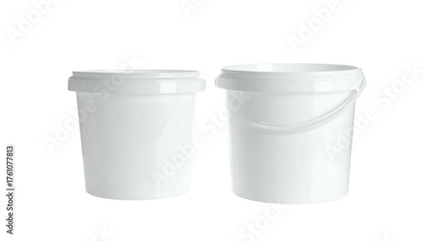 Fototapeta Two white plastic containers with lids, one with a handle, isolated on a black background