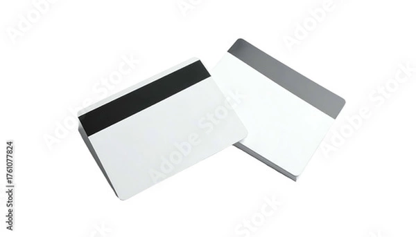 Fototapeta Two rectangular, white cards with magnetic stripes, on a black background, one upright