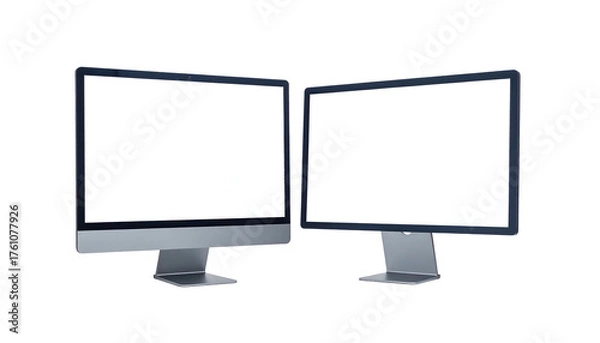 Fototapeta Two modern computer screens angled slightly apart, both displaying white on a black background