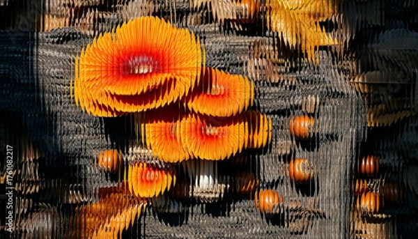 Fototapeta Vibrant Orange Mushroom Cluster on Tree Trunk with Abstract Glass Effect Distortion