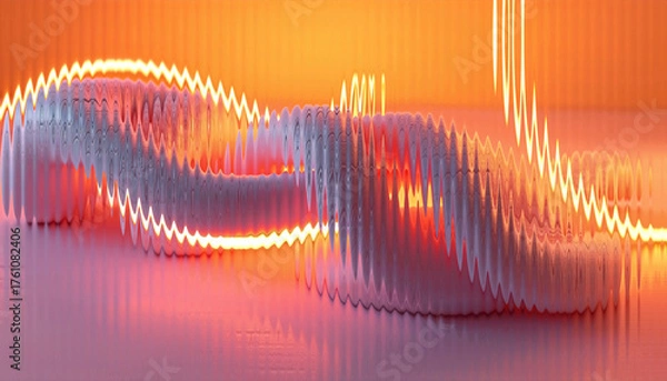 Fototapeta Abstract 3D Digital Wave Flow with Orange Neon Light Trails and Glass Effect