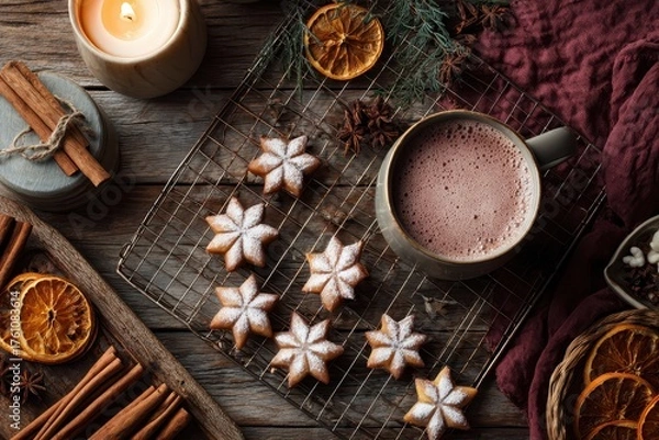 Obraz Flat lay of winter treats: hot chocolate mug, powdered star cookies on rack with cinnamon sticks, star anise, dried orange slices, evergreen sprigs candle on rustic wood table. Christmas banner, menus