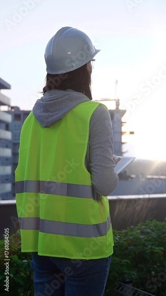 Fototapeta Woman construction engineer with a white hard hat and safety vest is using digital tablet while inspecting a construction site in the early morning at sunrise, back view