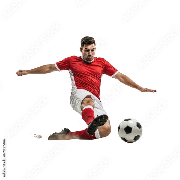 Fototapeta Dynamic soccer player in mid air kicking a ball with intense focus against a black background