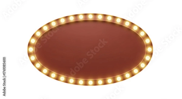 Fototapeta Oval Marquee Sign with Warm Yellow Light Bulbs isolated on a transparent background oval sign illuminated