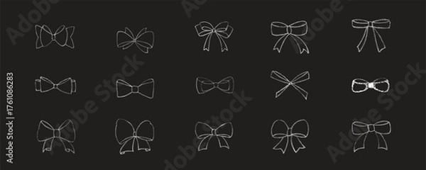 Obraz Chalk coquette bow with ribbon set. Hand drawn vector illustration isolated on black chalkboard background for design template present, wedding, Birthday, Christmas decoration or discount, sale.