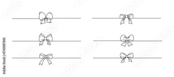 Obraz Hand drawn girly coquette bow ribbons banner set. Editable stroke line. Vector stock illustration isolated on black background for design template birthday, wedding, Christmas card, invitation, sale.